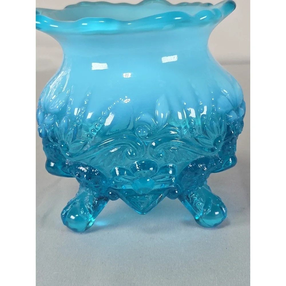 VTG Sowerby Blue Opalescent Piasa‎ Bird Rose Glass Bowl 4.5 Inches Tall.